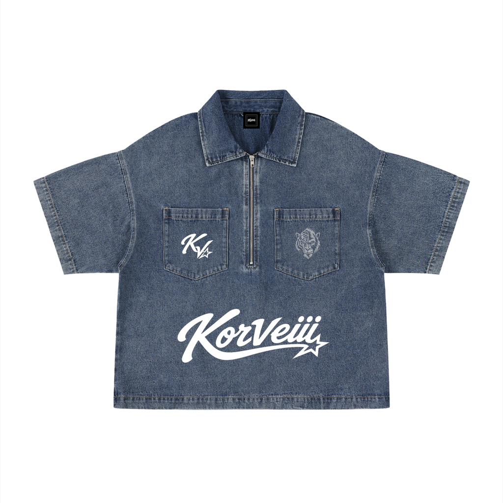 Korveiii Crop Quarter-Zip Denim Shirt