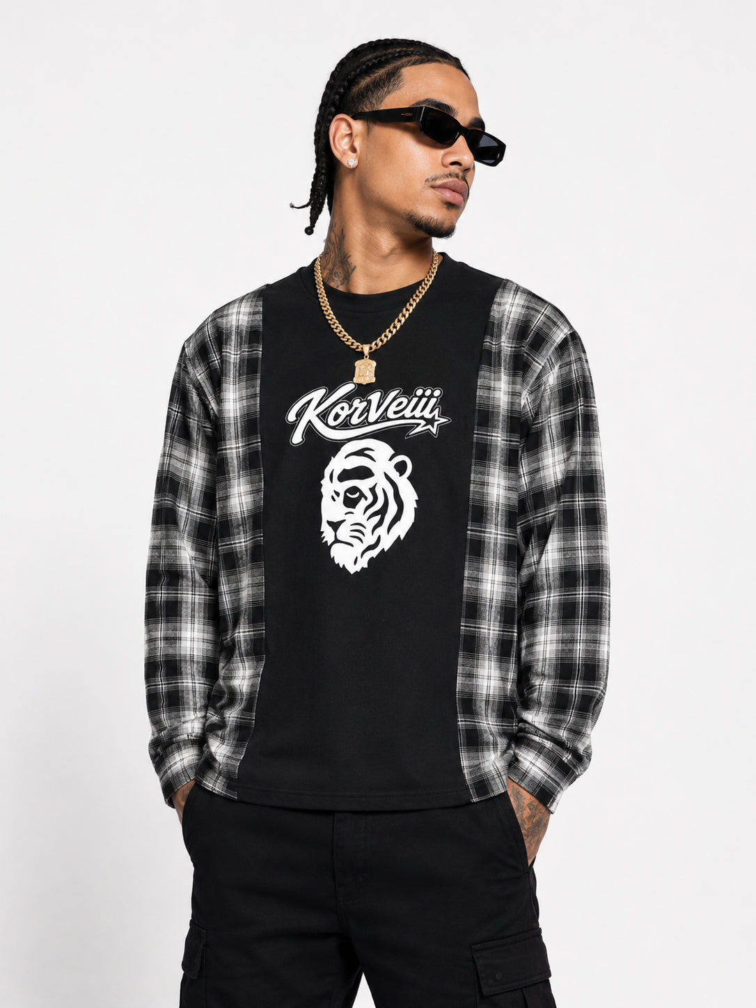 Korveiii  Plaid Panel Long Sleeve T-Shirt