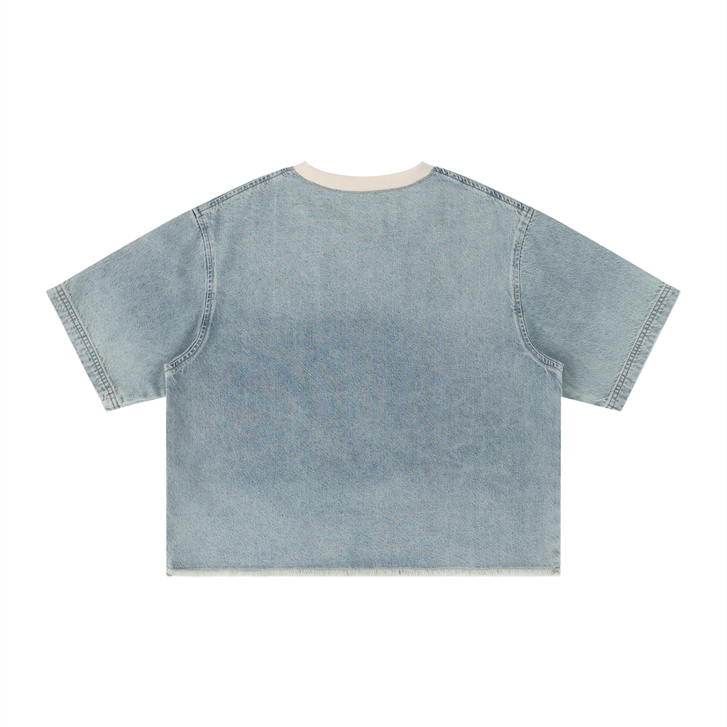 Korveiii Cross Vintage Crop Wash Boxy Raw Hem Denim T-Shirt