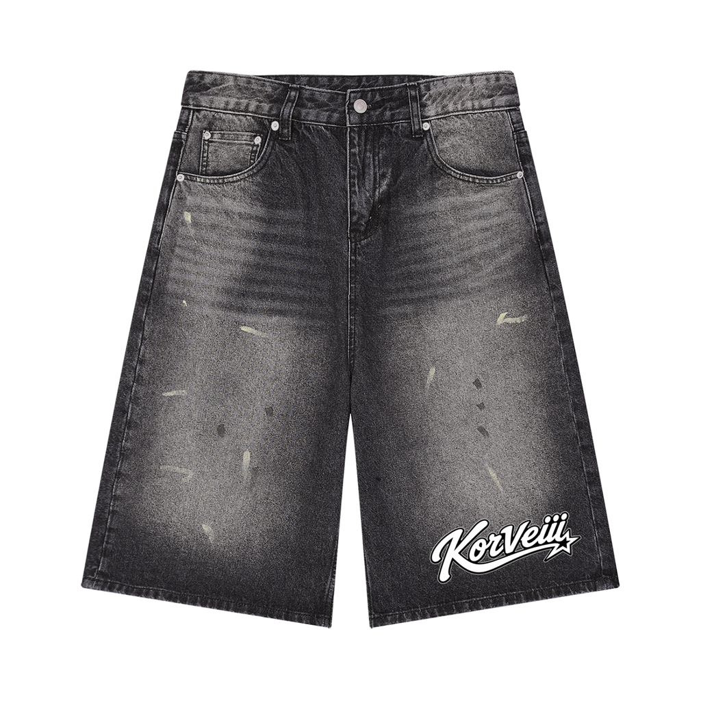 Korveiii Men’s Vintage Wash Wide Leg Denim Shorts