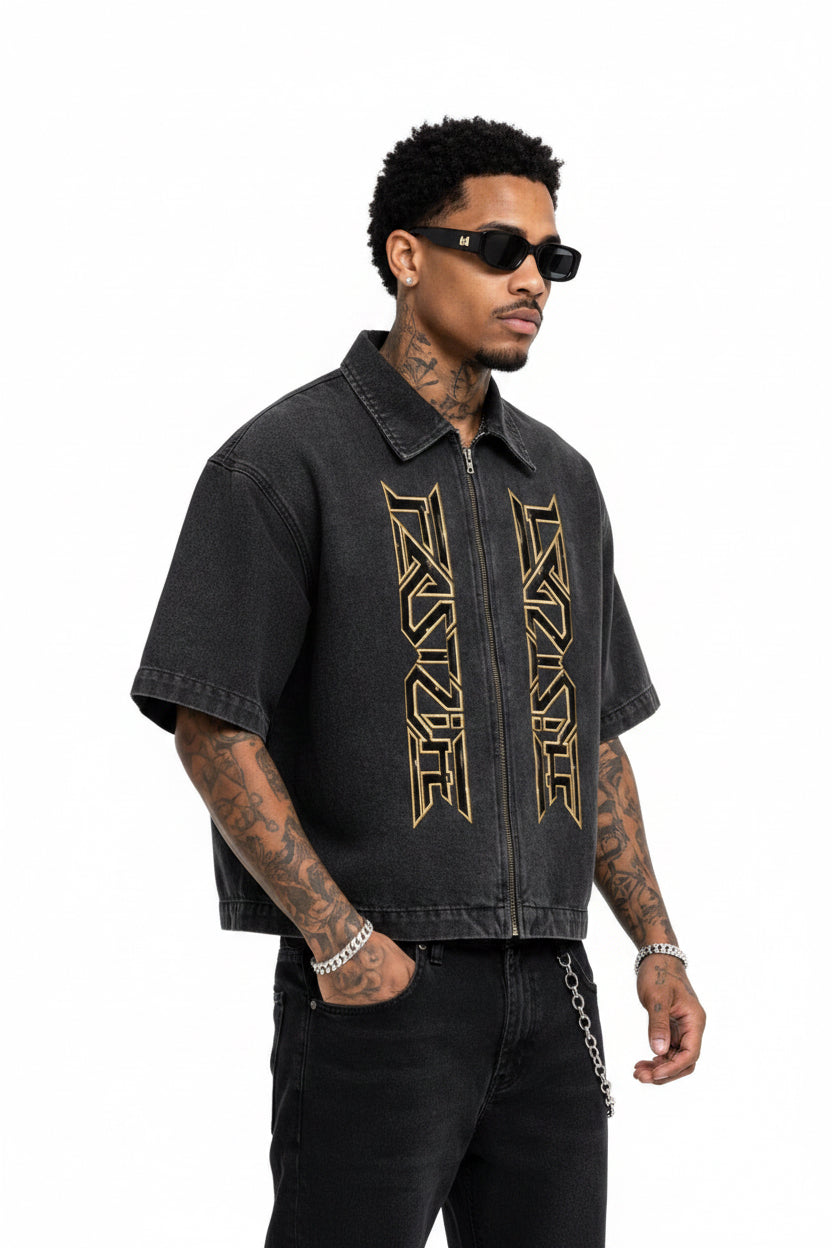 A FASTLIFE  HOF Vintage Washed Full-Zip Denim Shirt