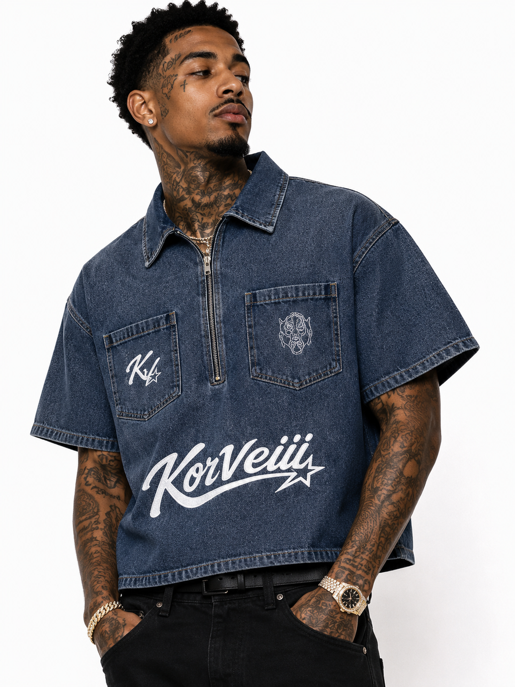 Korveiii Crop Quarter-Zip Denim Shirt