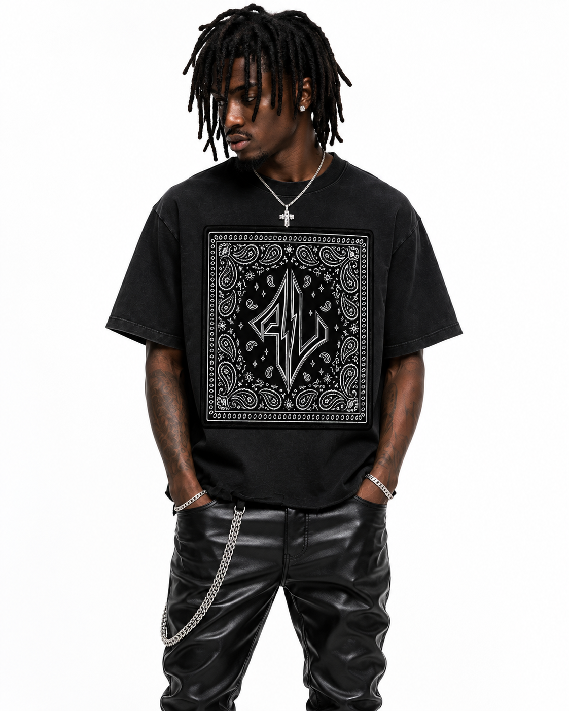 FASTLIFE BLK Bandanna Snow Wash Raw-Hem Boxy T-shirt