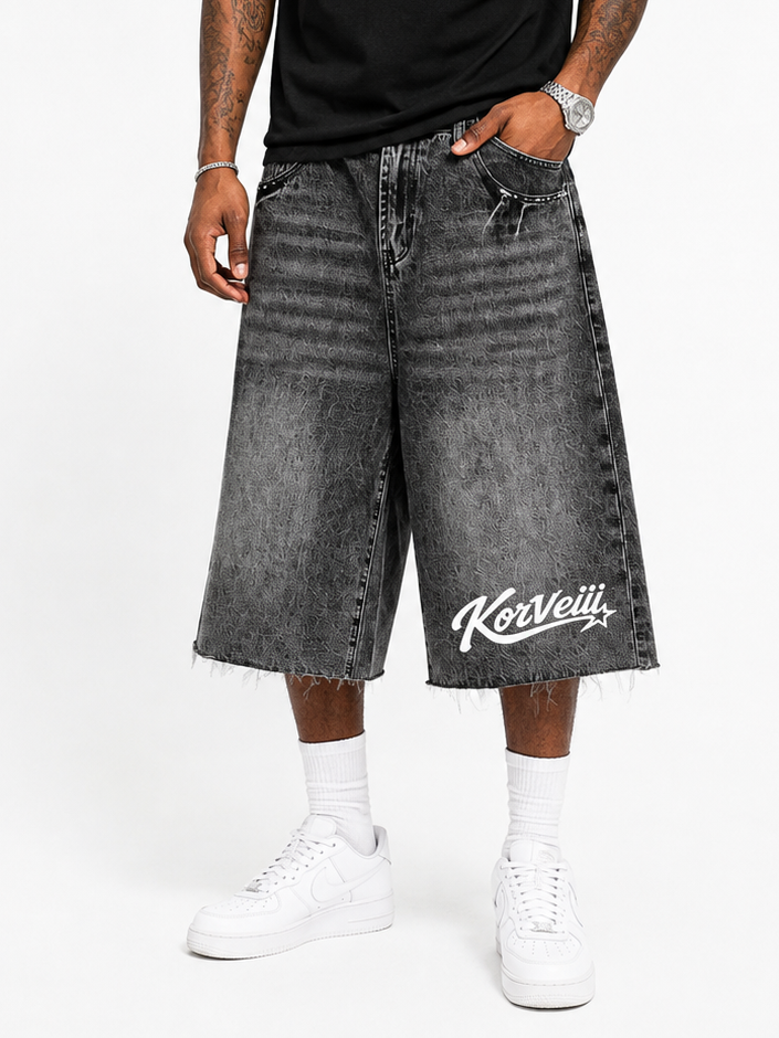 Korveiii Men’s Vintage Wide Leg Denim Shorts