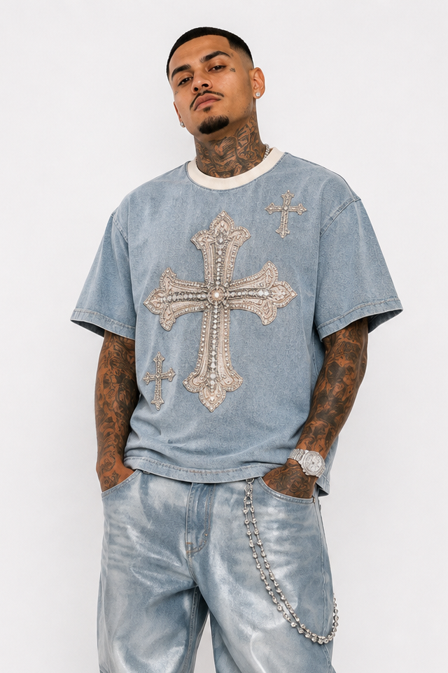 Korveiii Cross Vintage Crop Wash Boxy Raw Hem Denim T-Shirt