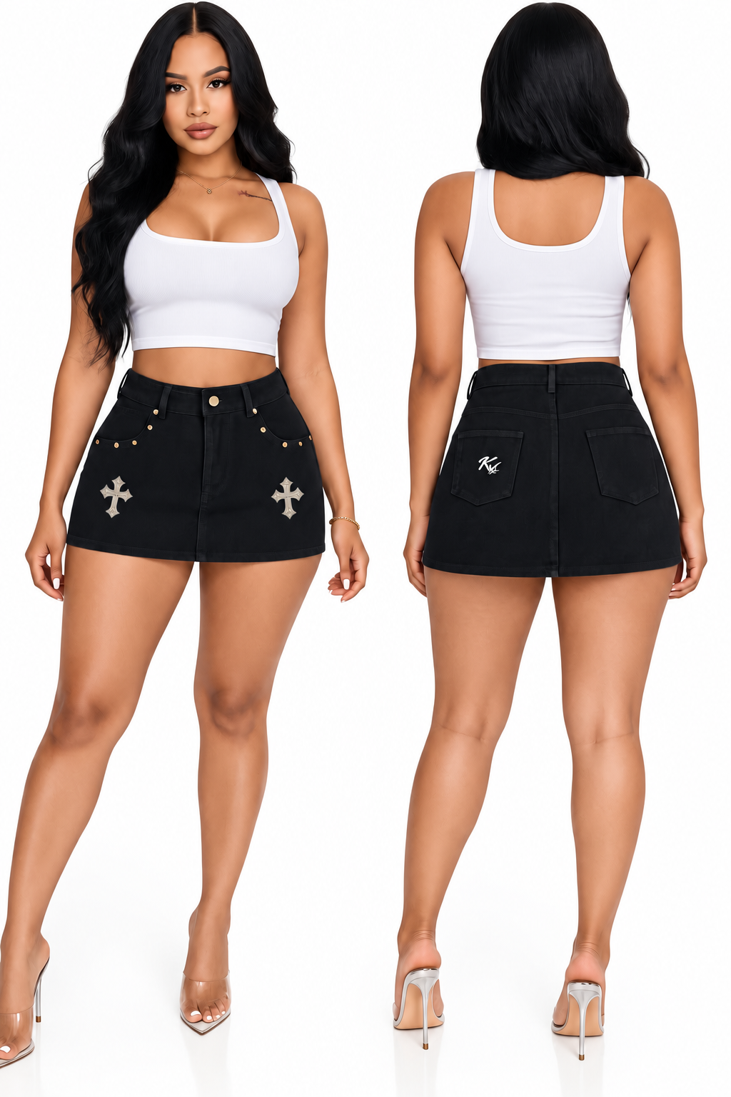 Korveiii Women’s Cross Your Mind Studded Denim Mini Skirt