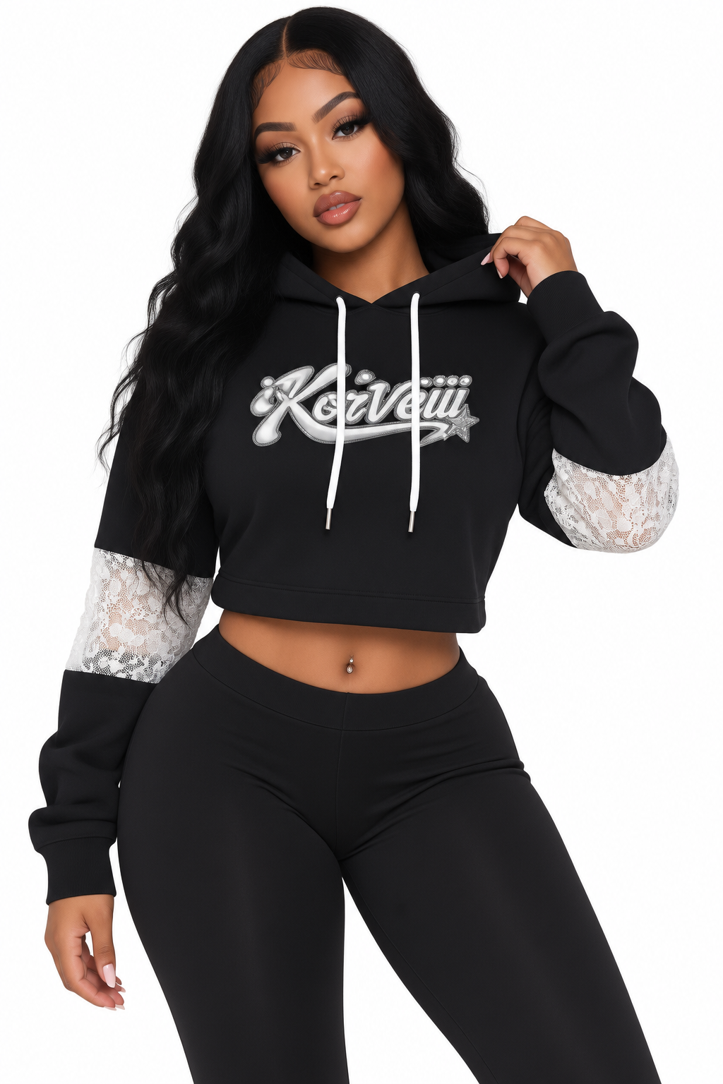 Korveiii Women’s Ms Pretty Cropped Lace-Panel Hoodie