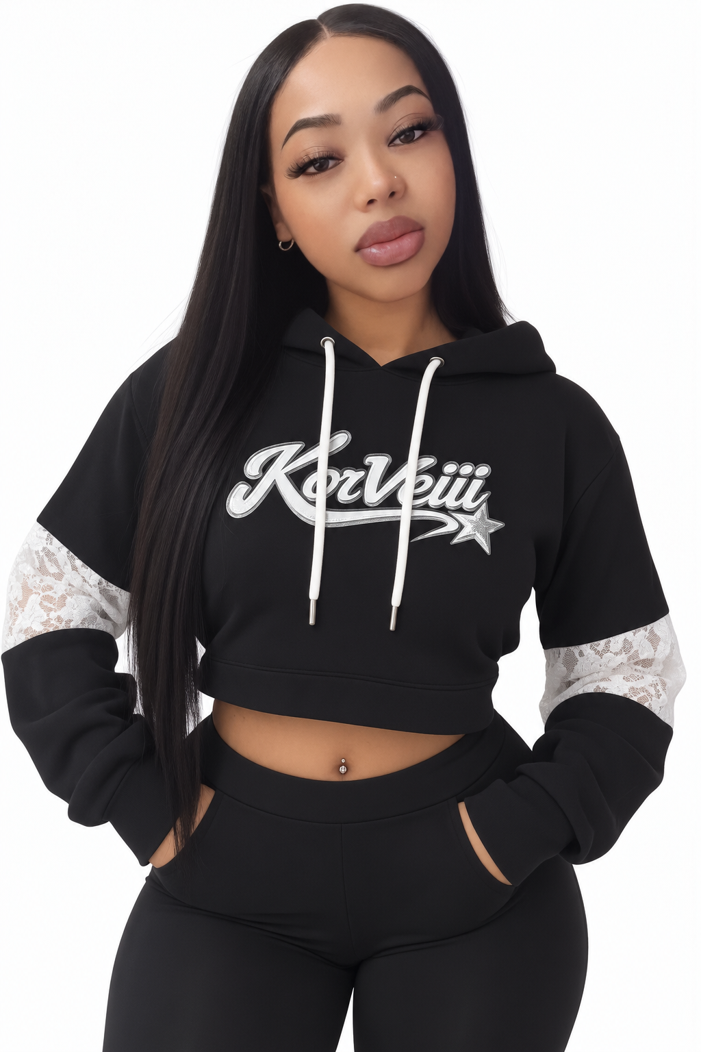 Korveiii Women’s Ms Pretty Cropped Lace-Panel Hoodie