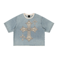 Korveiii Cross Vintage Crop Wash Boxy Raw Hem Denim T-Shirt