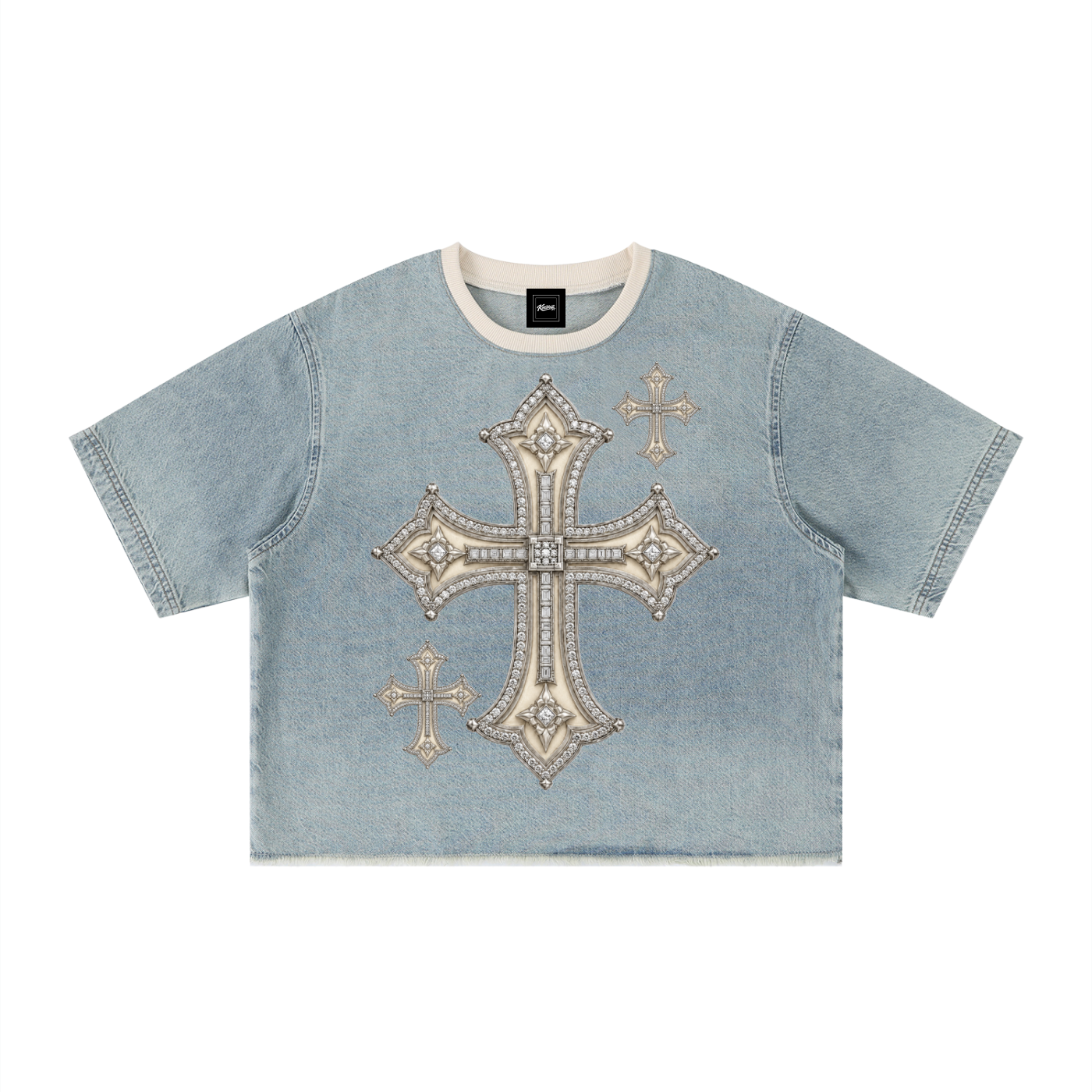 Korveiii Cross Vintage Crop Wash Boxy Raw Hem Denim T-Shirt